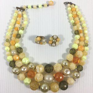 Vintage MCM Yellow Gold Orange Cream 3 Strand Bead Choker Necklace Earrings Set